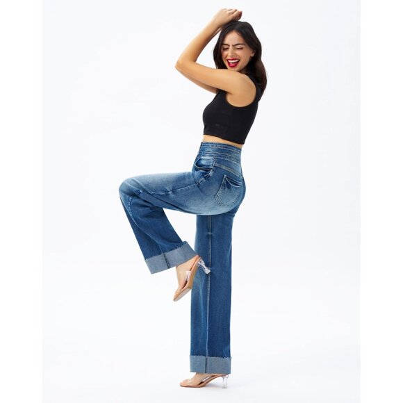 Women's High Waisted Stretch Wide Leg Denim Jeans Cuffed Baggy Pants - Picture 5 of 6